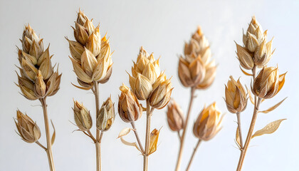Delicate Botanical Composition: A close-up showcases a collection of dried flower heads and stems. Each bloom reveals the intricate details of its unique form.