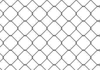 Fototapeta premium Steel fence wire chain link pattern. Endless grid background. Metal rhombus lattice. Prison wire black mesh, fishnet texture. Basketball hoop net. Seamless pattern for soccer, football, hockey gates.