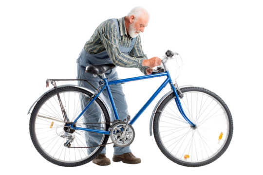 Household scene: senior repairing bicycle isolated on transparent background