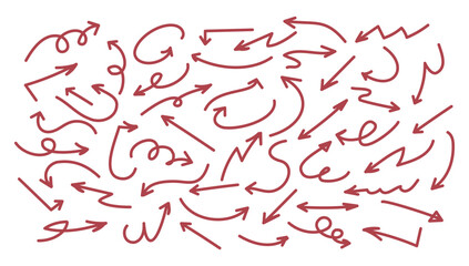 Set of hand drawn red arrows. Various of thin lines organic arrows. Hand drawn minimalist arrows. Simple sketch arrows for business plans, education designs. Flat arrows.
