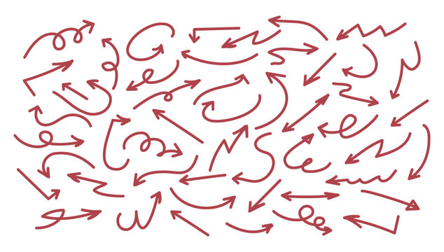 Set of hand drawn red arrows. Various of thin lines organic arrows. Hand drawn minimalist arrows. Simple sketch arrows for business plans, education designs. Flat arrows.
