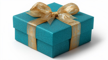 Teal glitter gift box with gold ribbon bow isolated on white