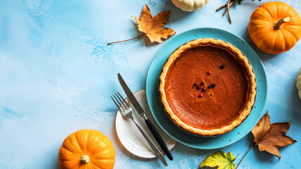 Overhead view of pumpkin pie on blue plate with pumpkins and autumn leaves on blue background