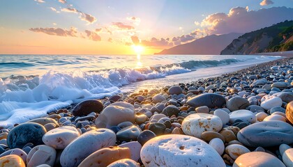 Serene beach scene at sunset with waves and pebbles.