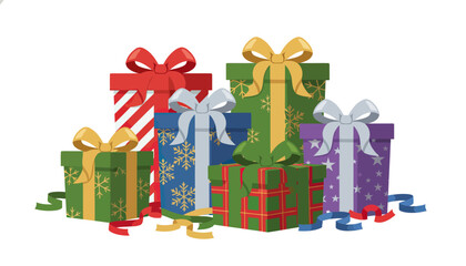 Colorful wrapped gift boxes with ribbons and bows.