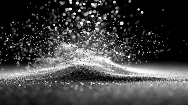 A dynamic abstract composition of numerous small, bright particles suspended and swirling against a dark background, creating a sense of explosion and movement.