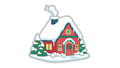 Winter Snowy Cottage Illustration With Christmas Theme.