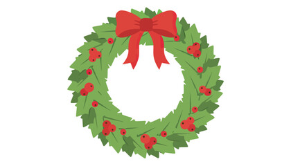 Festive green wreath with red bow and holly berries.