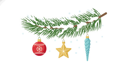 Decorated pine branch with Christmas ornaments.