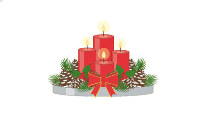 Festive red candles on a holiday cake centerpiece.