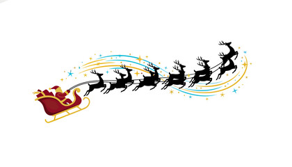 Santa Claus sleigh pulled by reindeer in flight across the sky.