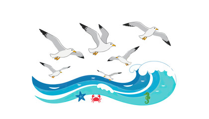 Group of seagulls flying over stylized waves.