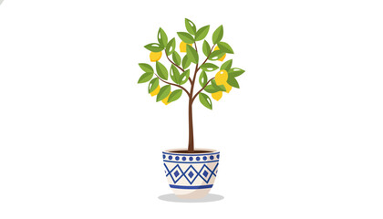 Obraz premium Potted lemon tree with ripe citrus fruit.