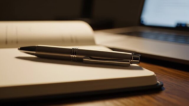 Close-up of a black pen writing on a blank white notebook placed on a wooden desk with a laptop in the background
