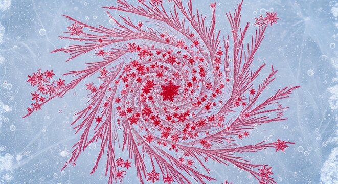 Red snowflakes forming spiral design on light blue ice texture. Abstract winter background for holiday and Christmas concept.