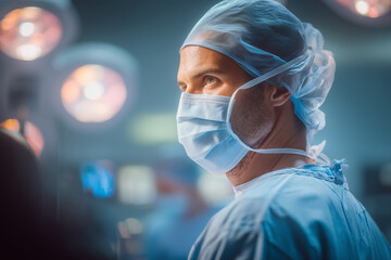 Male surgeon in a face mask and cap, looking intensely in an operating room