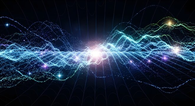 A dynamic illustration of multicolored data waves and glowing particles, representing artificial intelligence, digital communication, and futuristic technology.