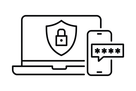 2FA two step authentication icon with smartphone and laptop, featuring push code message, secure login, password verification, and two factor authorization vector illustrations for cybersecurity