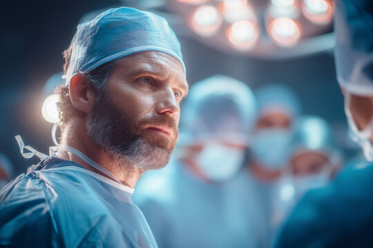 Male surgeon in a face mask and cap, looking intensely in an operating room