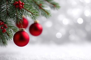 Christmas Baubles: Capturing the festive season with vibrant red baubles hanging gracefully amidst a backdrop of winter snow and twinkling lights, a perfect blend of warmth and celebration.