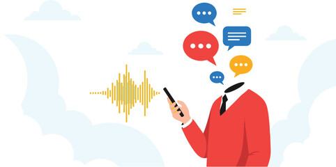 PrintVoice Messaging and Communication Concept Vector, Man Using Smartphone with Sound Wave and Chat Bubbles Head, Digital Speech Recognition and Mobile Technology Graphic, Modern Flat Design.
