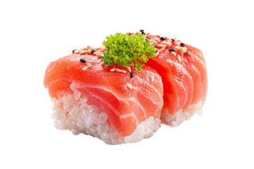 Senior adding final touches to sushi rolls isolated on transparent background