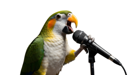 Humorous colorful parrot holding a microphone stand singing karaoke or giving a performance isolated PNG with Transparent Background