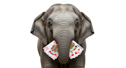 Adorable baby elephant holding King playing cards for luck, casino, or success concept isolated PNG with Transparent Background