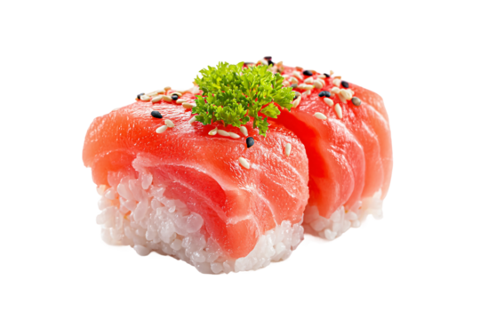 Senior adding final touches to sushi rolls isolated on transparent background