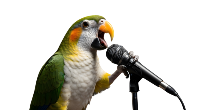 Humorous colorful parrot holding a microphone stand singing karaoke or giving a performance isolated PNG with Transparent Background