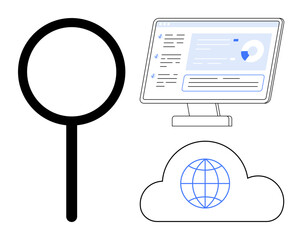 Magnifying glass, computer screen with analytics, and cloud with globe symbol. Ideal for data search, analytics, internet, cloud services, digital marketing technology connectivity concepts. Simple