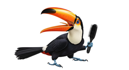 Funny tropical toucan bird holding a brush with open mouth singing or yelling isolated PNG with Transparent Background