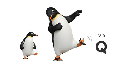 Fototapeta premium Two 3D cartoon penguins, one large and one small, walking with a playful stride isolated PNG with Transparent Background