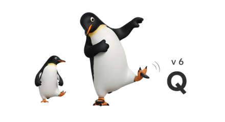 Funny cartoon penguins mascot characters walking playfully with the text v6 Q symbol isolated PNG with Transparent Background