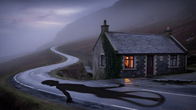 Eerie road and house scene with a dark shadow overlay image.