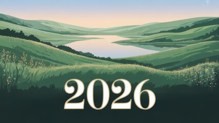 Scenic landscape with lake and green hills greeting card for year 2026 theme