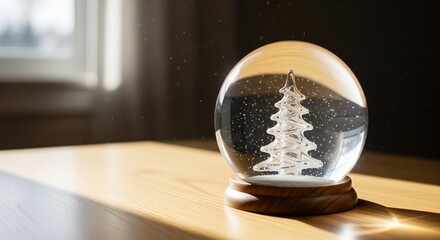 Illuminated glass snow globe with stylized white christmas tree on wooden surface in sunlit room. concept of festive decor, winter holiday, seasonal decoration