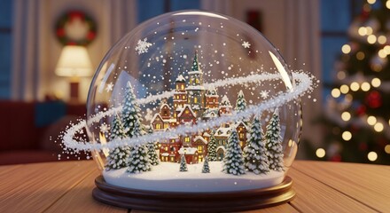 Festive snow globe with winter village and pine trees in warm living room setting. concept of holiday decoration, christmas spirit, cozy atmosphere.