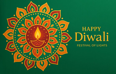 Fototapeta premium Happy Diwali greeting card with traditional diya lamp and mandala design. Festival of lights celebration, Hinduism holiday.