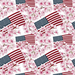 Obraz premium American flag among cherry blossoms. Cherry Blossom Festival in Washington, D.C. Seamless pattern with symbol and flowers. Watercolor illustration. Hand drawn.