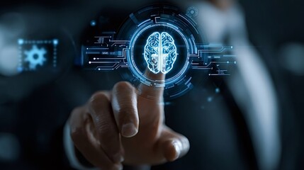 Hand interacts with a glowing human brain icon on a futuristic digital interface, symbolizing advanced artificial intelligence, deep learning, and innovative virtual technology in a business context