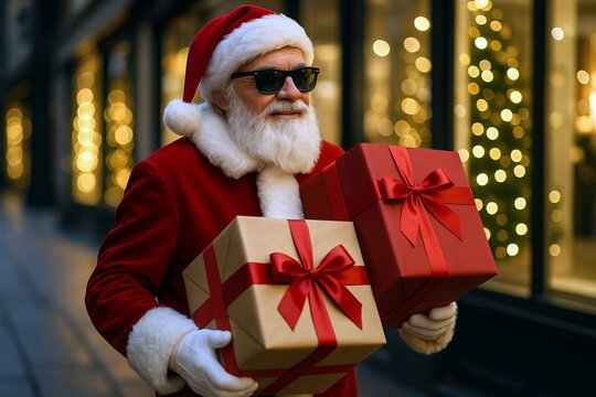 Fashionable santa claus holding presents on a festive city street during christmas holiday. concept of holiday cheer, christmas spirit, festive celebration