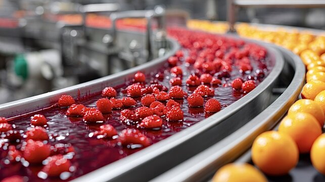 Raspberries submerged in flowing liquid on a curved stainless steel conveyor beside a belt of fresh oranges, showing automated fruit washing and juice production in a modern factory