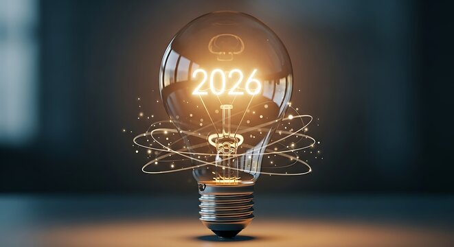 Glowing incandescent light bulb with the year 2026 illuminated inside symbolizing future innovation and bright ideas - Powered by Adobe