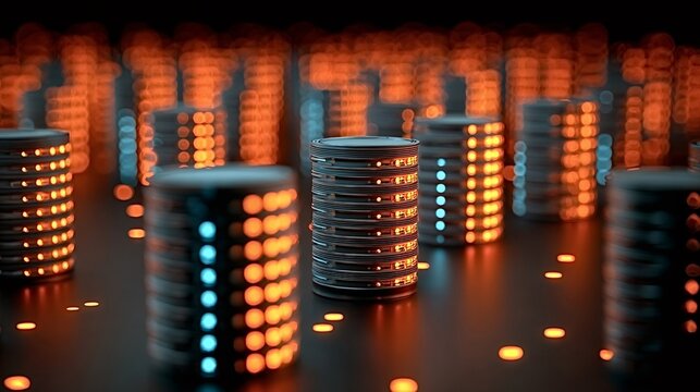 Server racks with glowing indicators representing data processing and storage in a networked environment, illustrating modern technology, cloud computing, and cybersecurity concepts