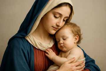 Virgin mary and child in simple composition reflecting serenity and motherhood. concept of religious art, sacred motherhood, timeless devotion