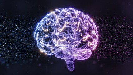 Futuristic digital brain with glowing neural connections. Artificial intelligence and machine learning concept. Rotating 3D wireframe mind with data particles - Powered by Adobe