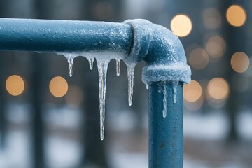 Frozen pipe close-up showing icicles forming during winter for concept of cold weather, icy conditions, and seasonal freezing