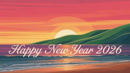 Wishing happy new year 2026 on sunset beach with beautiful ocean wave reflections