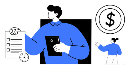 Business professional holding tablet with completed checklist, clock, and large dollar symbol. Ideal for time management, productivity, financial planning, business strategy, efficiency